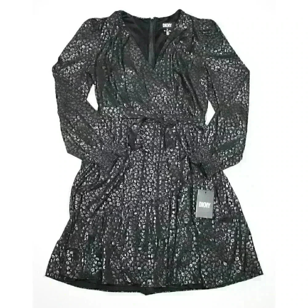 DKNY Women's 14 Long Sleeve V-Neck Ruffle Printed Fit and Flare Dress NWT $134